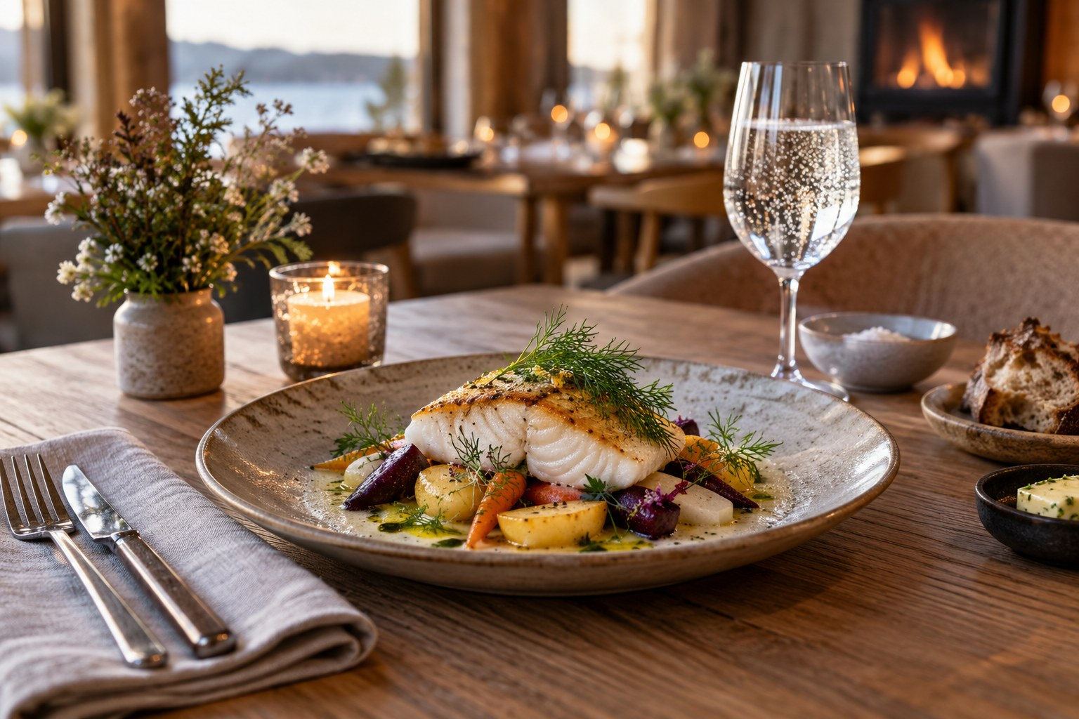AI-genererad nordisk matstämning; inte en restaurangs meny