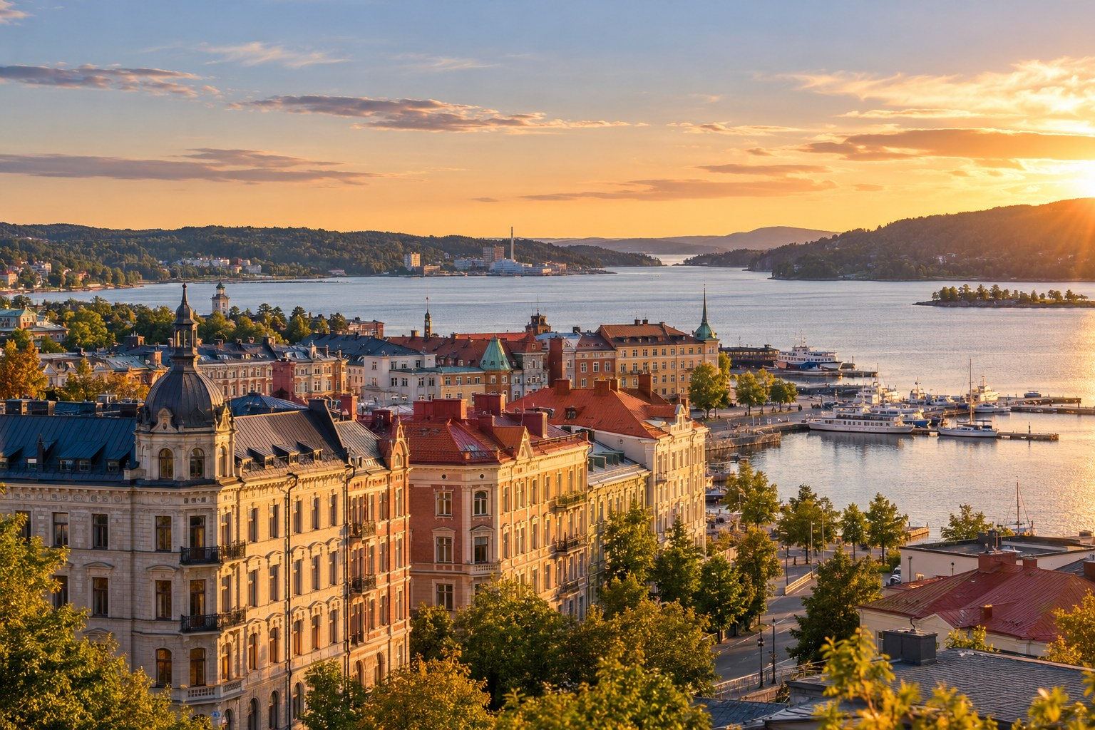 AI-genererad stämningsbild av en svensk kuststad, inte ett dokumentärt foto
